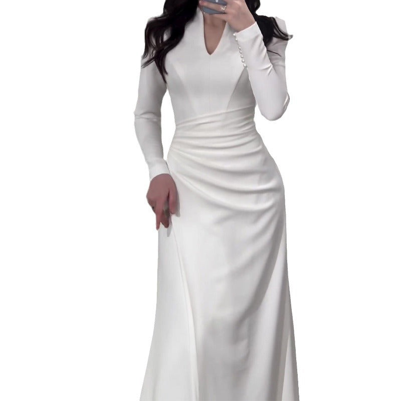 Color Slim Fit Gentle Pleated Long Dresses
