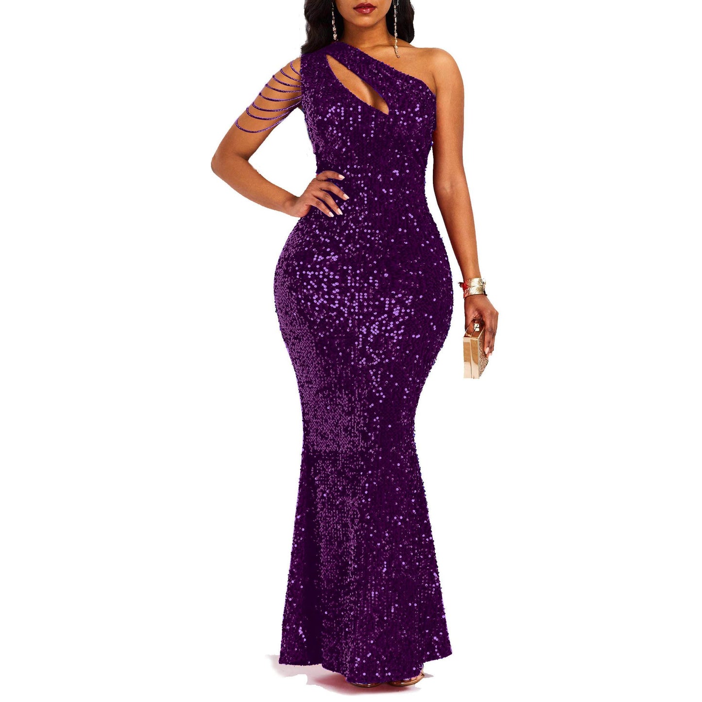 One Shoulder Solid Color Backless Fishtail Dress