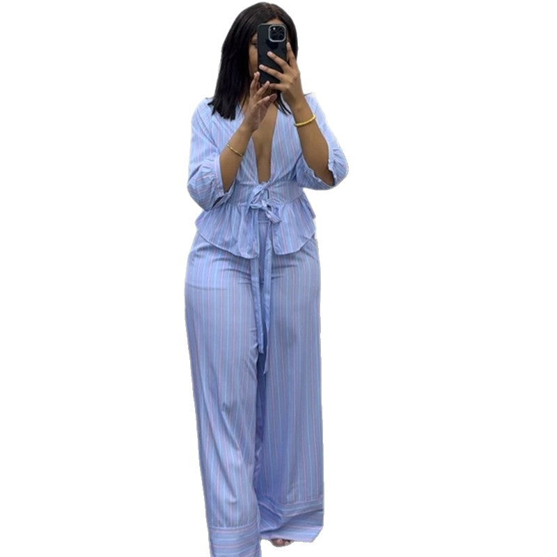Women's Autumn Sweet Striped Shirt Wide Leg Pants