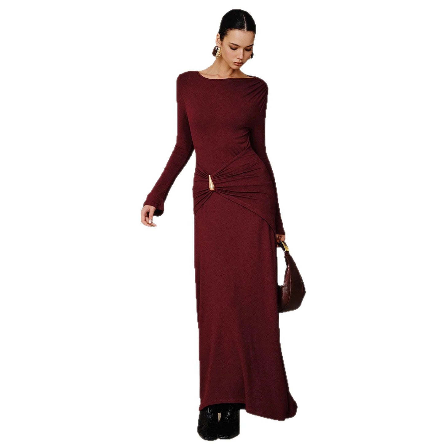 Women's Solid Color Fashion Long Sleeve Round Neck Metal Decoration Dress