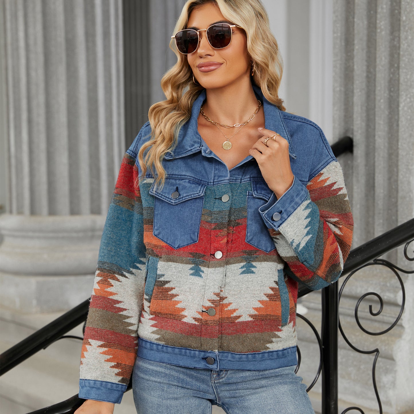 Women's Autumn Washed Color Block Denim Tops