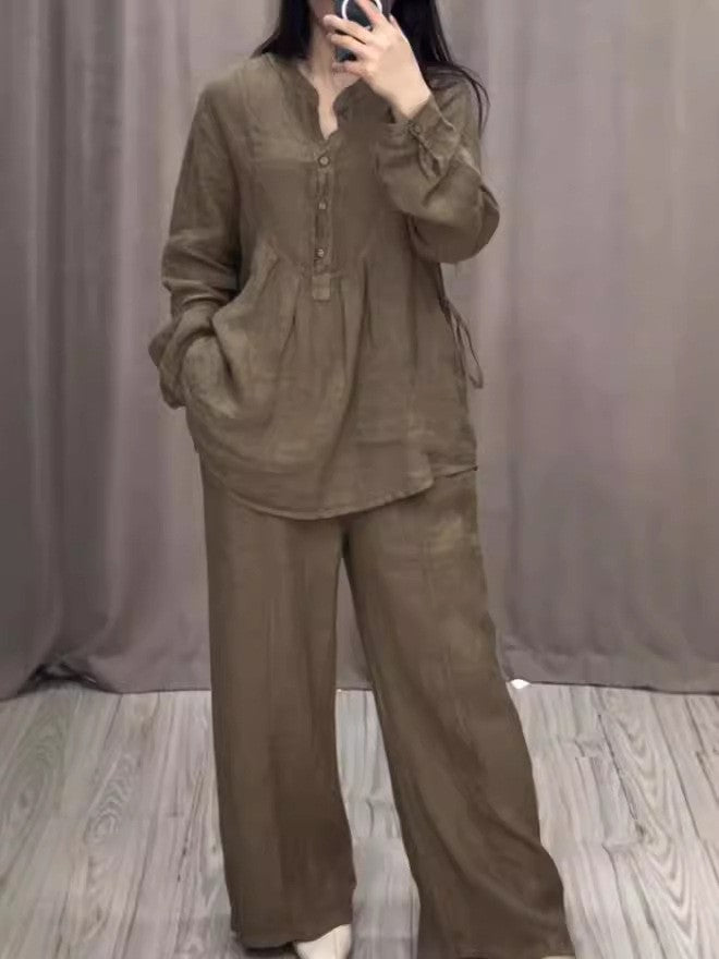 Autumn Comfortable Cotton Linen Long Sleeve Half Pleating Fashion Casual Suit