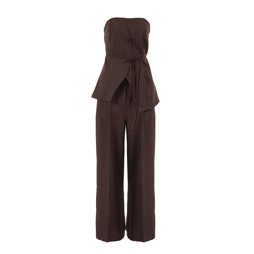 Women's Brown Tube Wide Leg Two-piece Summer Suits