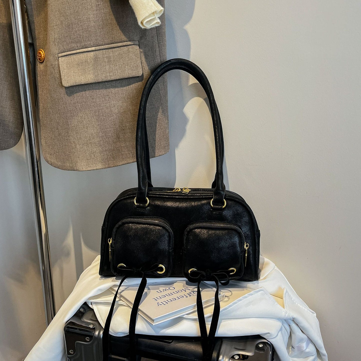 Women's Korean Style Trendy Double Pocket Bowknot Bowling Underarm Shoulder Bags