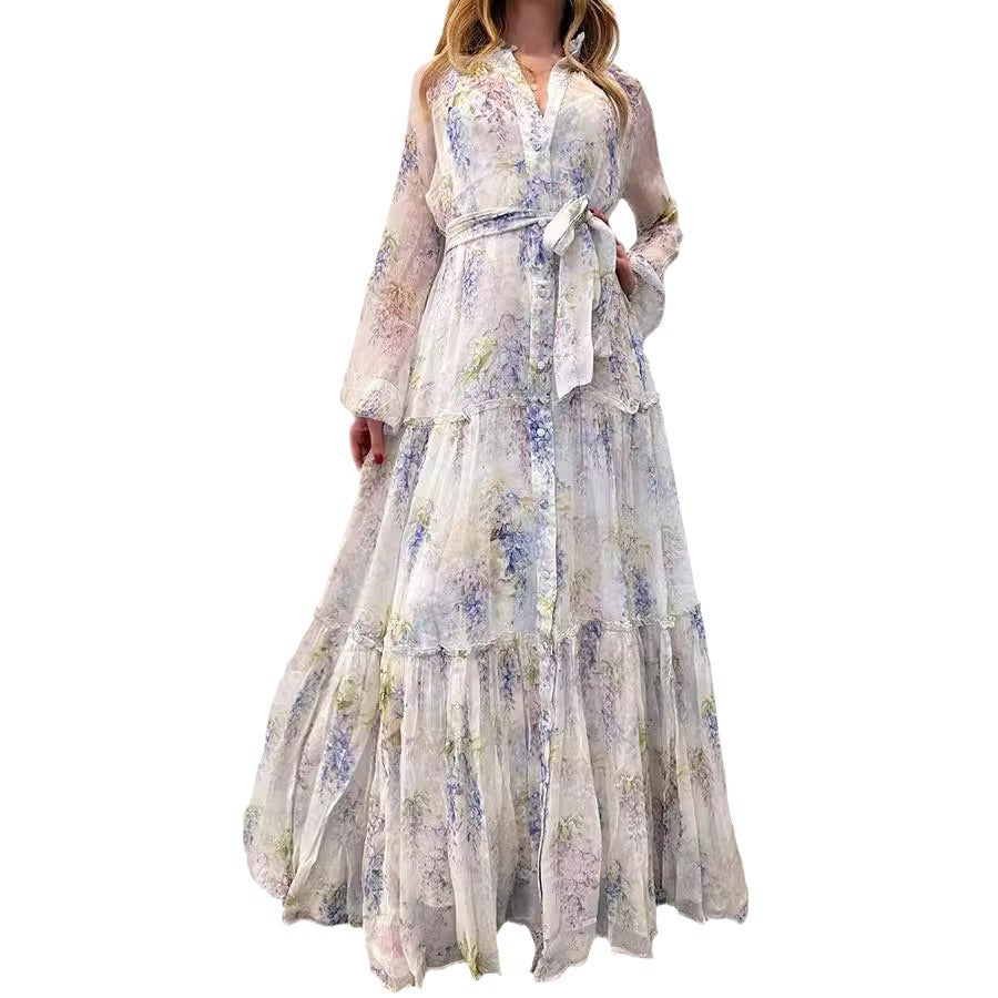 Women's Chiffon Printed Dress Large Swing Belt Dresses