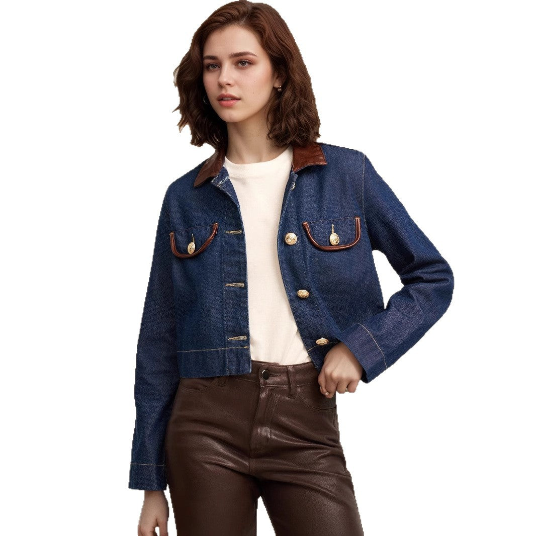 Button Embellishment With Leather Patchwork Collar Coats