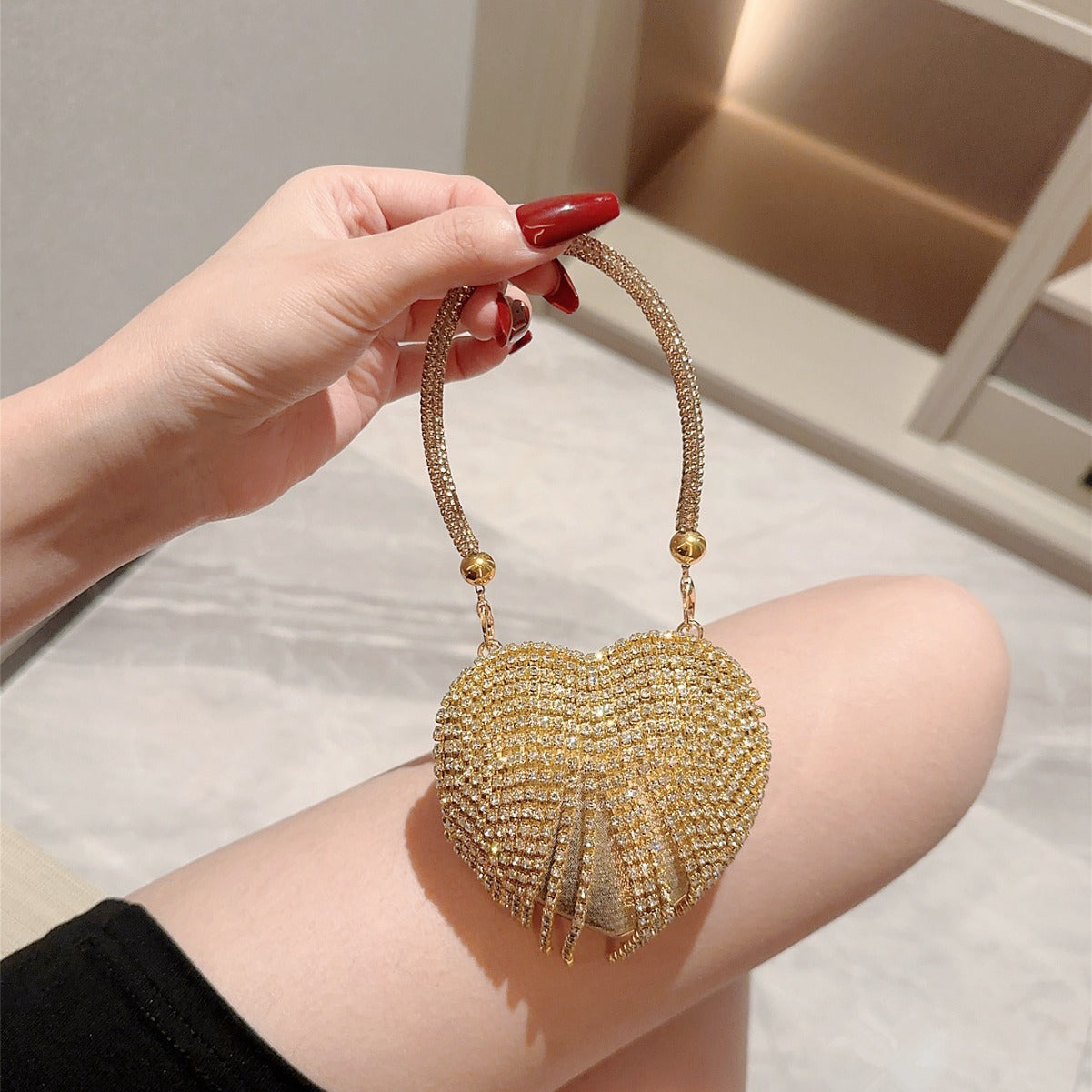 Women's Mini Peach Heart Diamond Dinner Chain Party Evening Bags