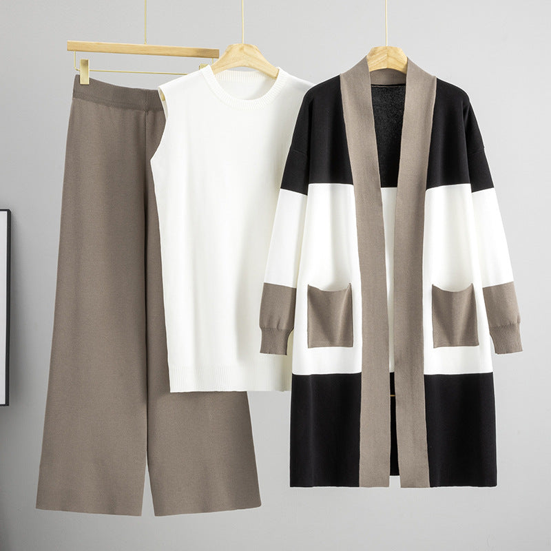 Women's Autumn Knitted Mid-length Wide Leg Three-piece Cardigans