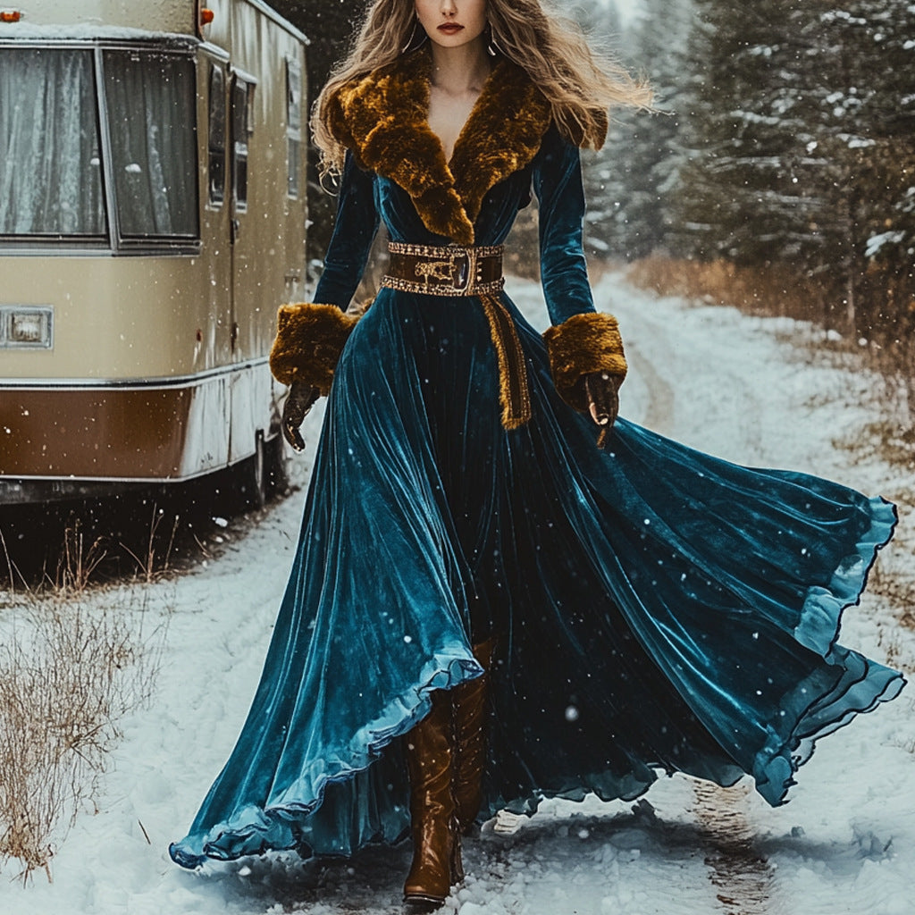Women's Long Sleeve Thickened Dress Fur Collar Dresses