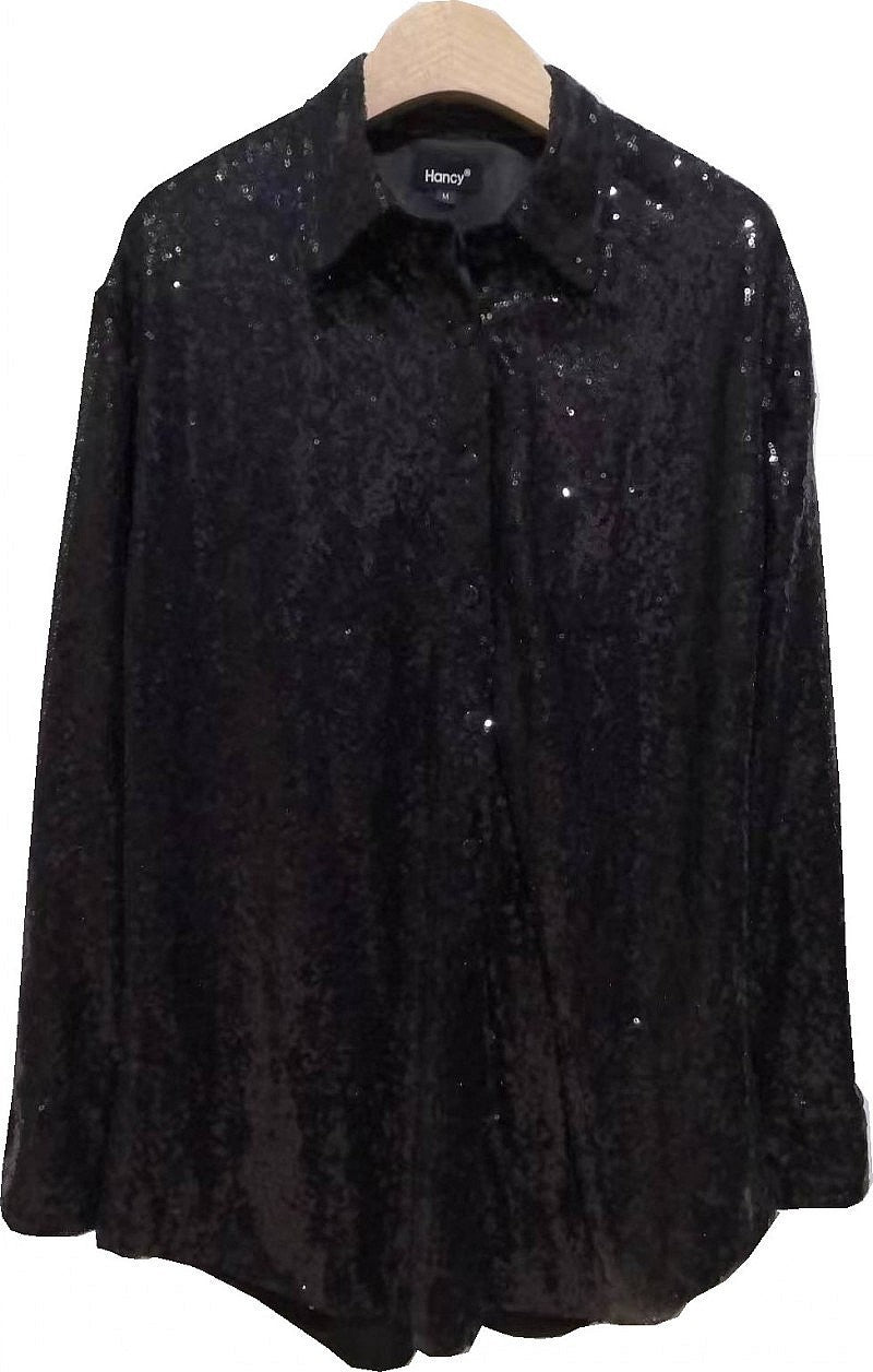 Women's Long Sleeve Loose Large Mid-length Sequined Blouses