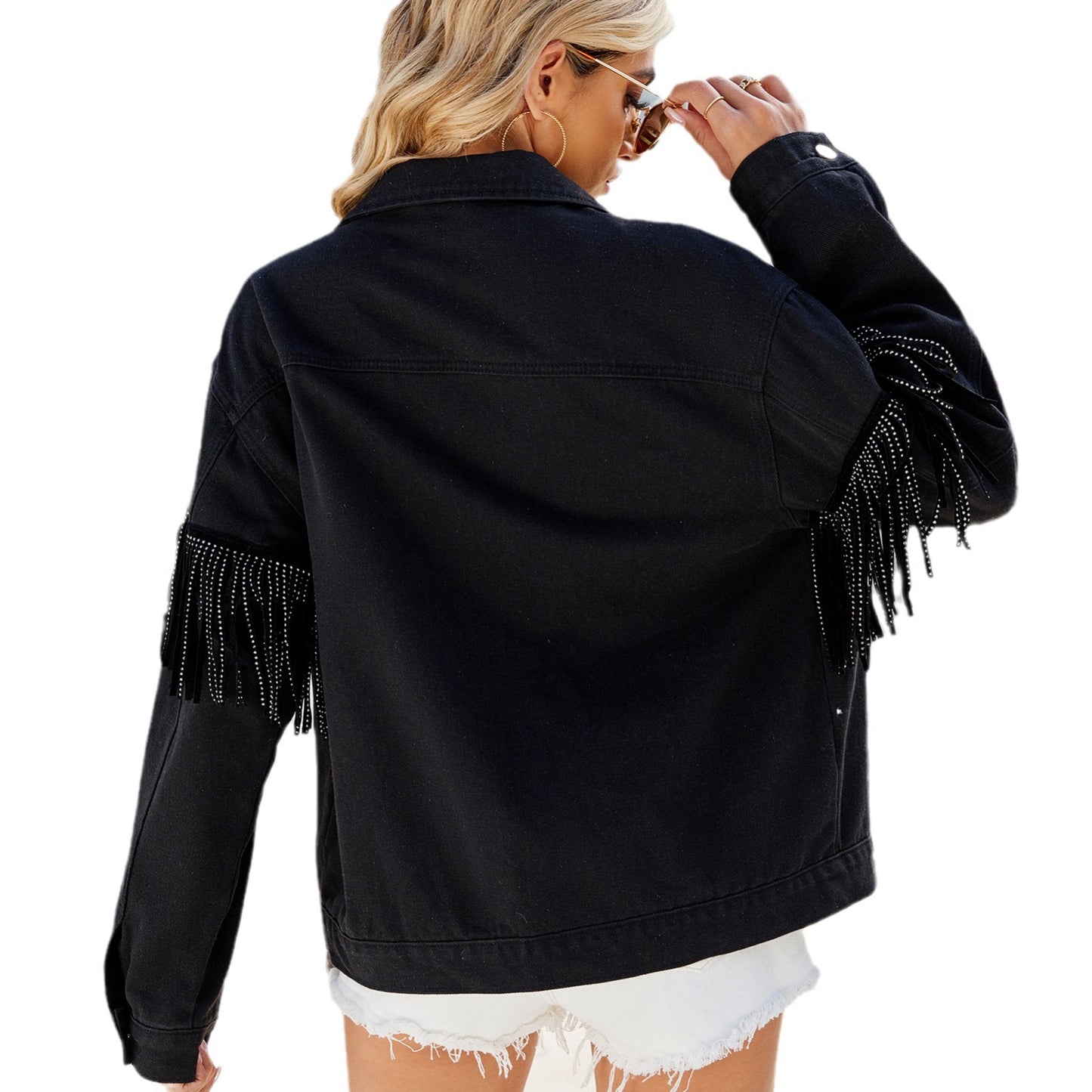 Women's Spring Washed Rivet Tassel Black Denim Jackets