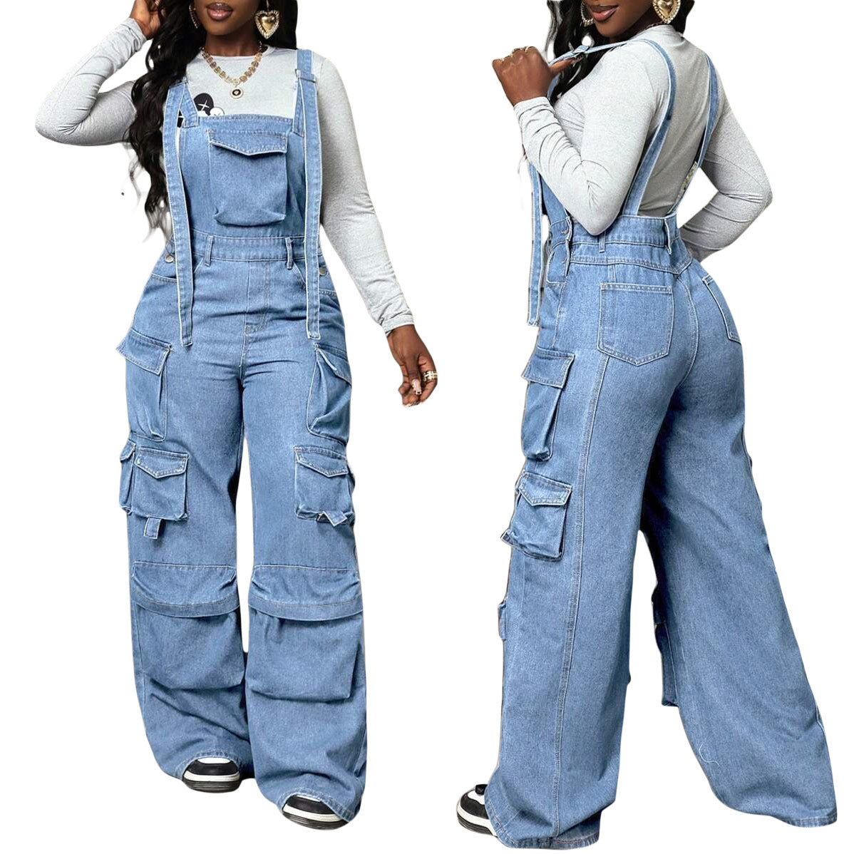 Attractive Wide Leg Denim Loose-fitting Overalls Jumpsuits