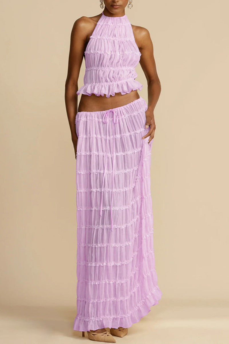 Fashion Sexy Backless Halter Pleated Lace Suits