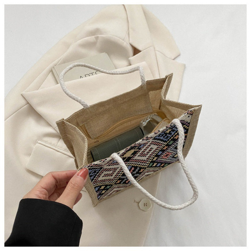 Women's Ethnic Style Canvas Summer Fashion Out Portable Linen Lunch Bags