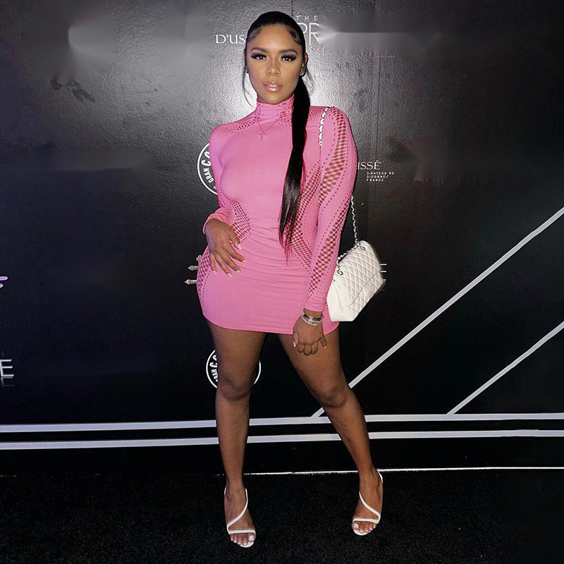 Women's Pure Color Half Collar Long-sleeved Sexy Dress
