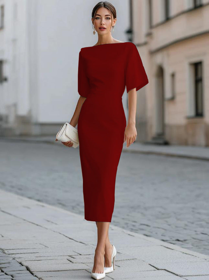 Women's Color Round Neck Shirt With Half Sleeve Elegant Dress