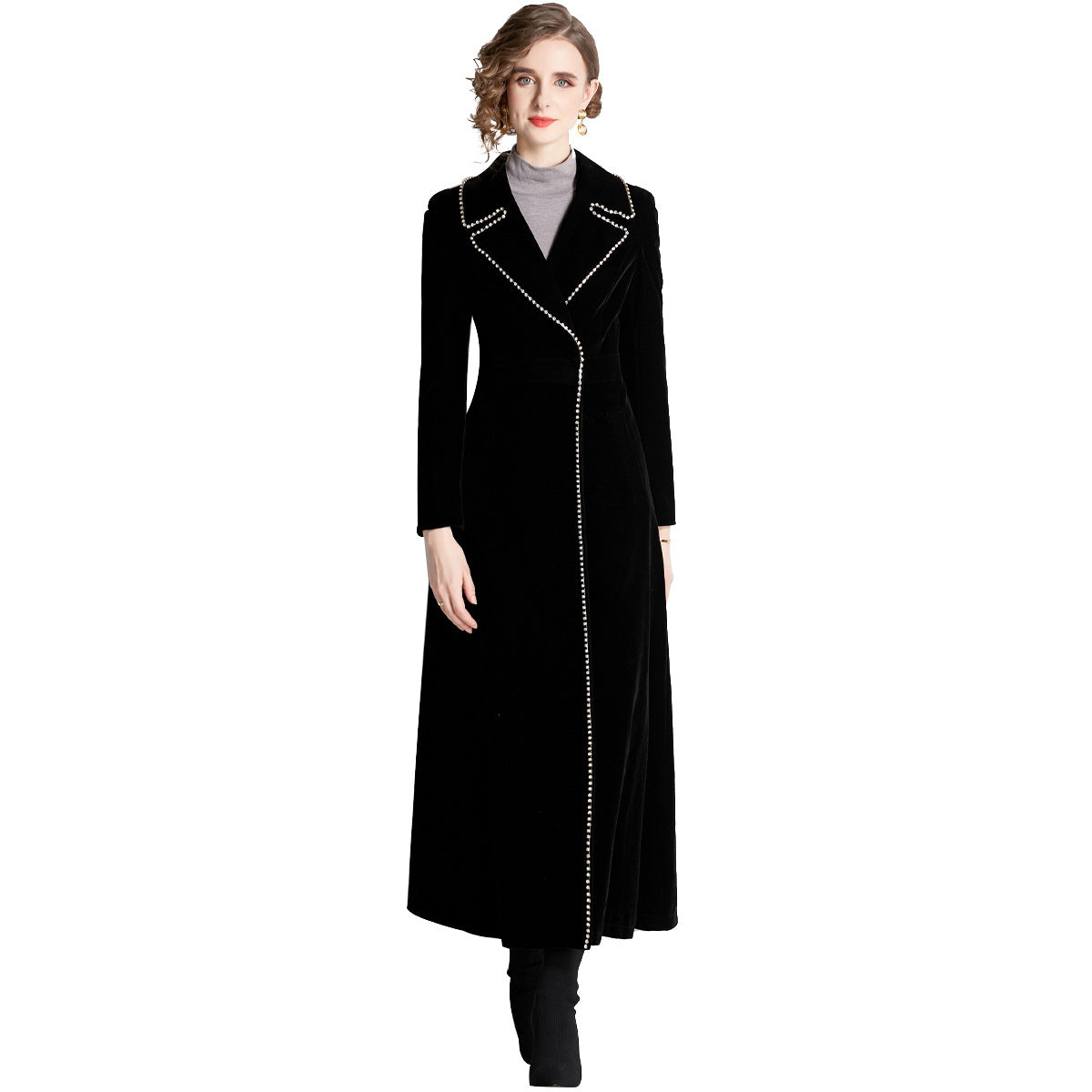 Women's Black Beaded Veet Trench Waist Slimming Coats