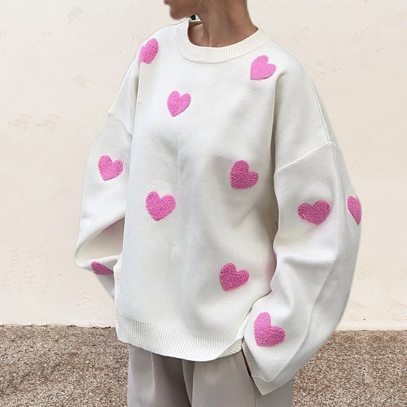 Women's Love Round Neck Long Sleeve Loose Knitted Casual Sweaters
