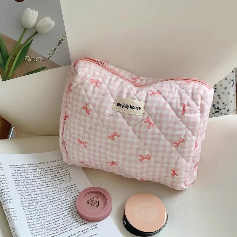 Plaid Bow Large Capacity Sweet Quilted Cosmetic Bags