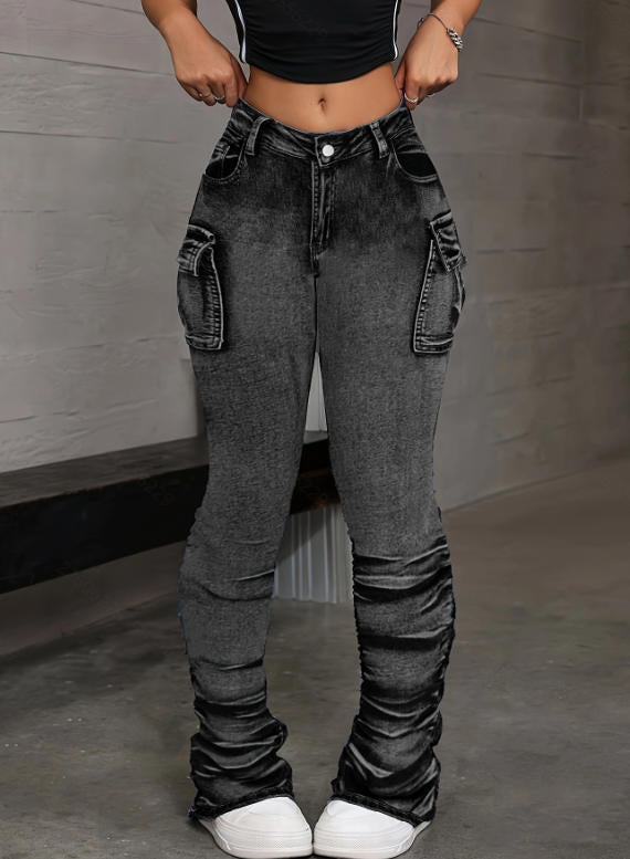Women's Denim Trousers Side Pleated Design Waist Stretch Retro Jeans