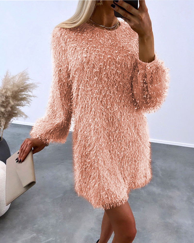 Women's Fashion Round Neck Furry Tassel Dress Jumpsuits