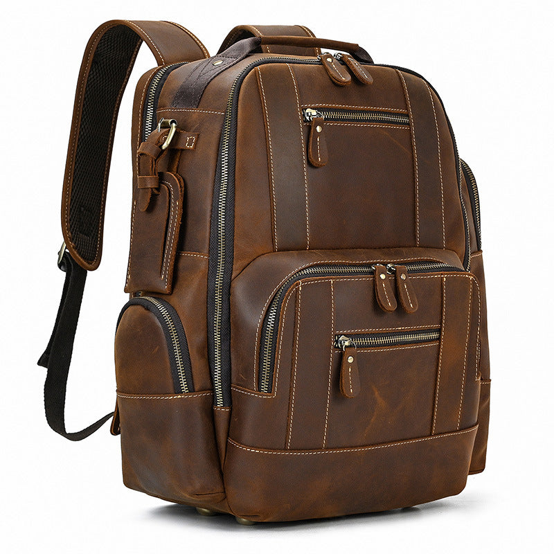Men's Retro Crazy Horse Leather Cowhide Large Backpacks