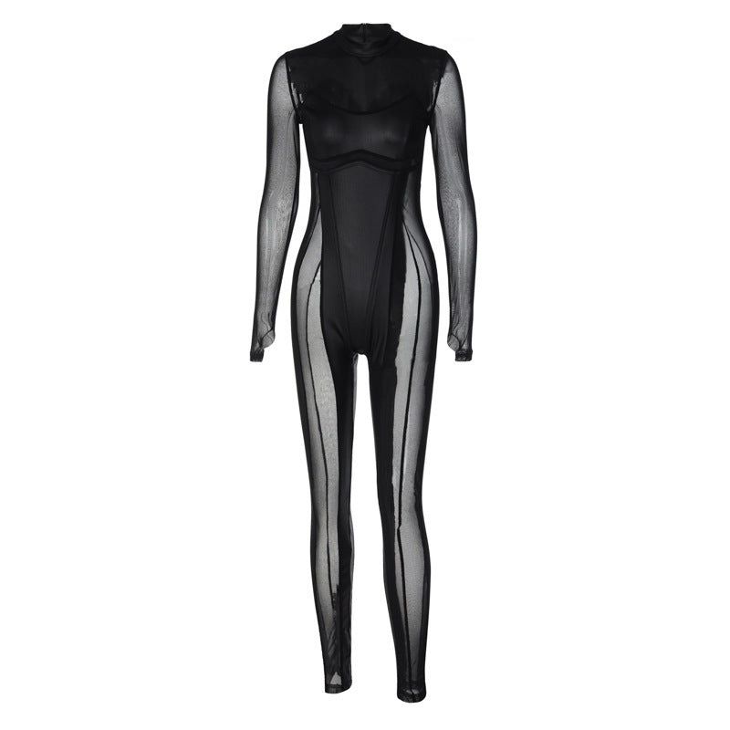 Women's Autumn Fashion Stitching Mesh Round Neck Jumpsuits