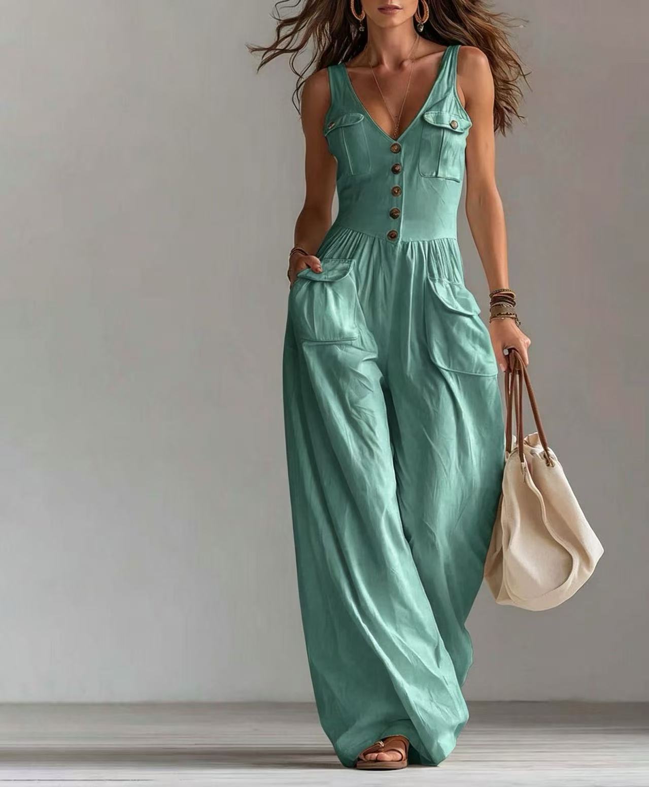Women's Summer Solid Color Buttons Loose Casual Women's Jumpsuit/clothing