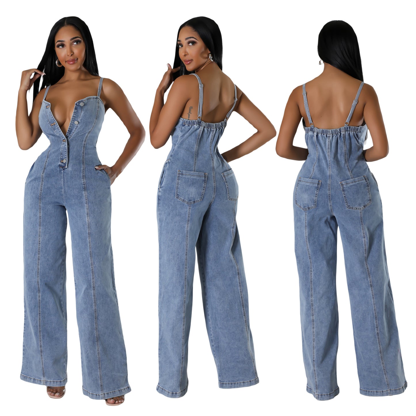 Women's Fashion Casual Sexy Sling Denim Wide Jumpsuits