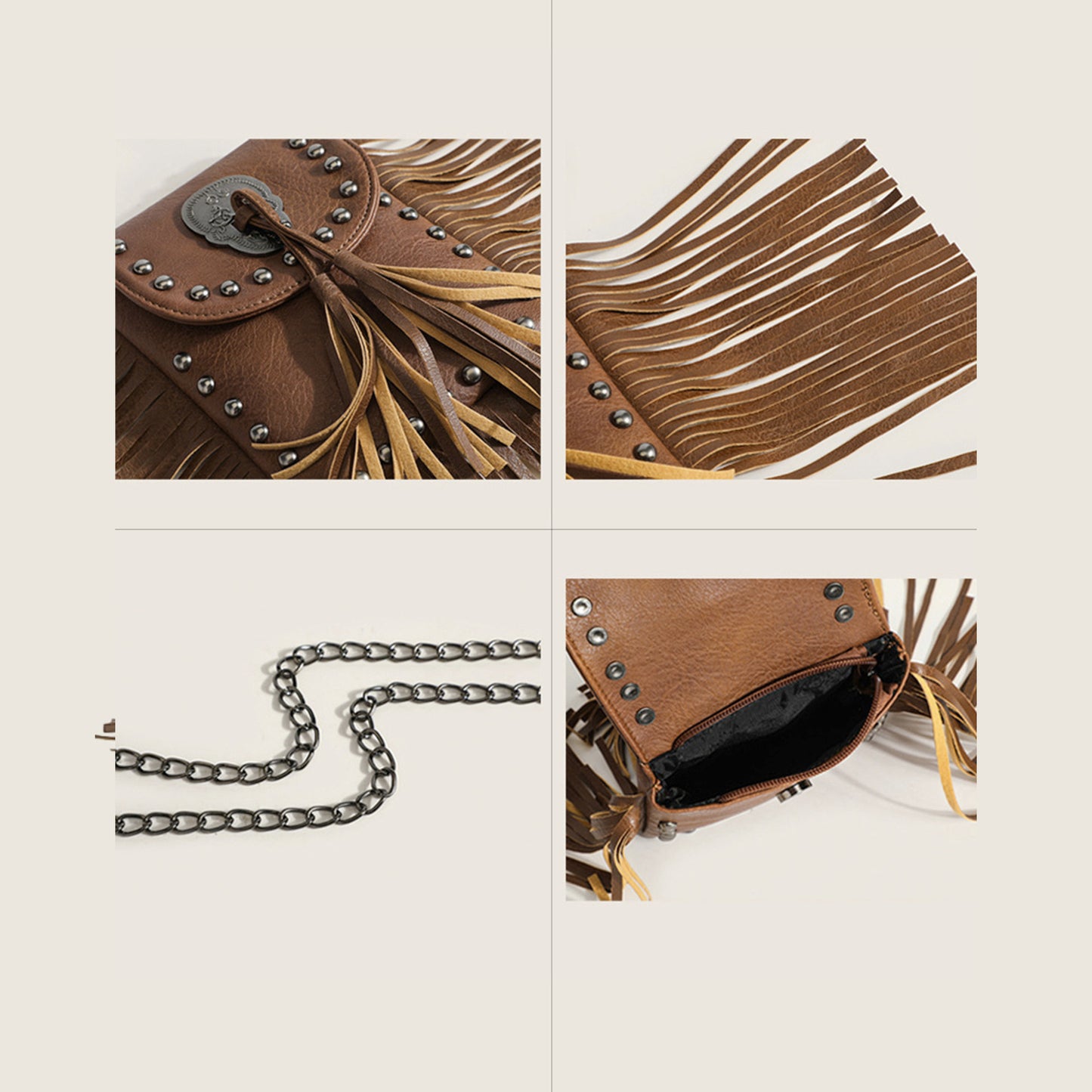 Women's Tassel Retro Rivets Personalized Mobile Chain Shoulder Bags