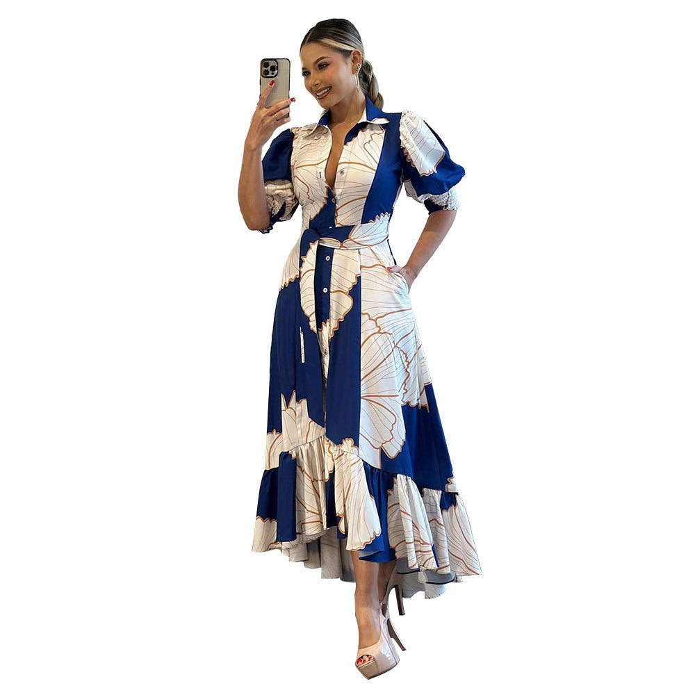 High Waist Temperament Shirt Printed Maxi Dresses