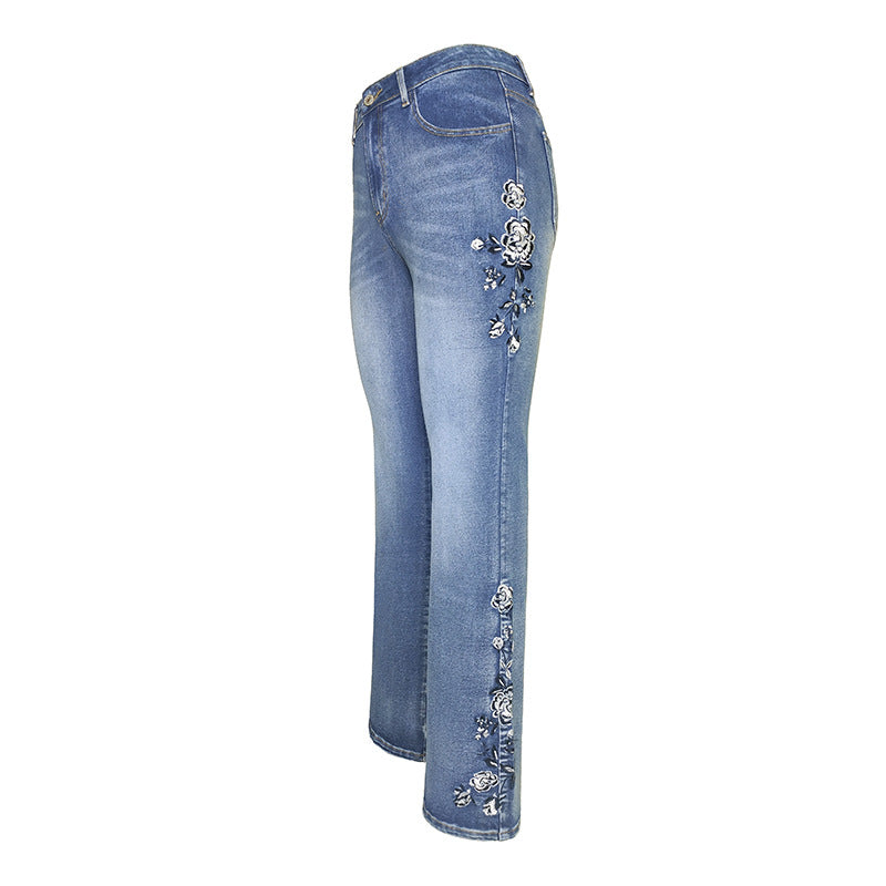 Women's Thick Retro High-waisted Trousers Embroidered Figure Jeans