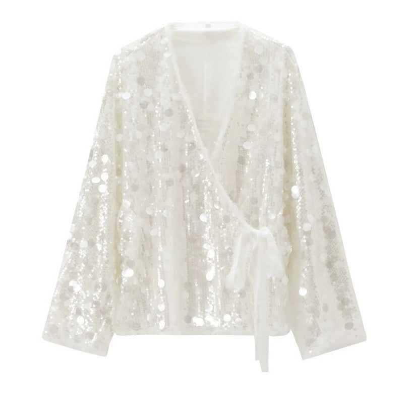 Women's Slouchy Sequin Decorative Kimono Long-sleeved Blouses