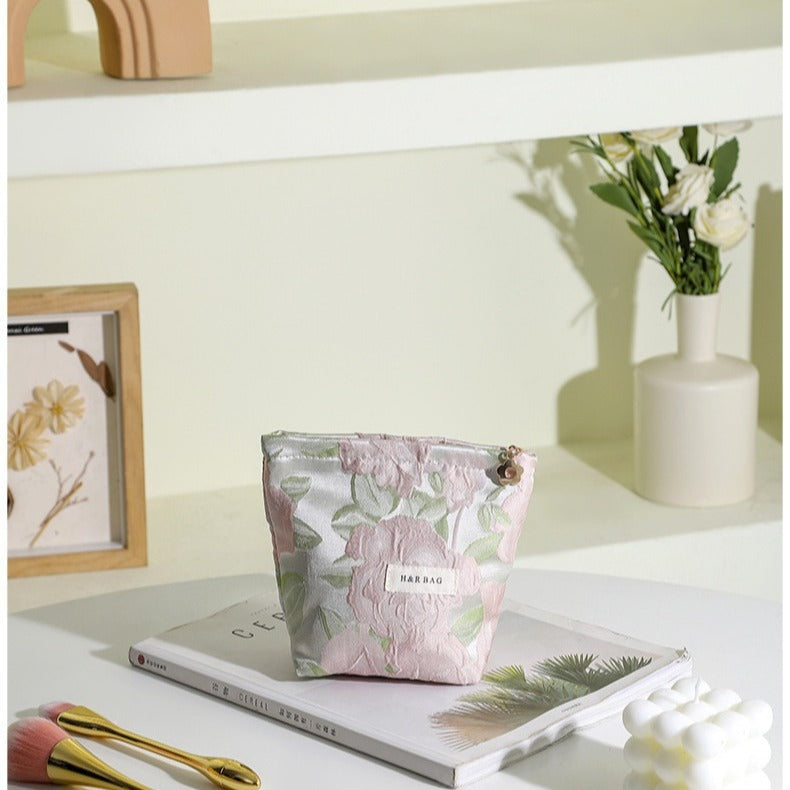 Linen Plant Embroidery Hand-held Portable Canvas Cosmetic Bags