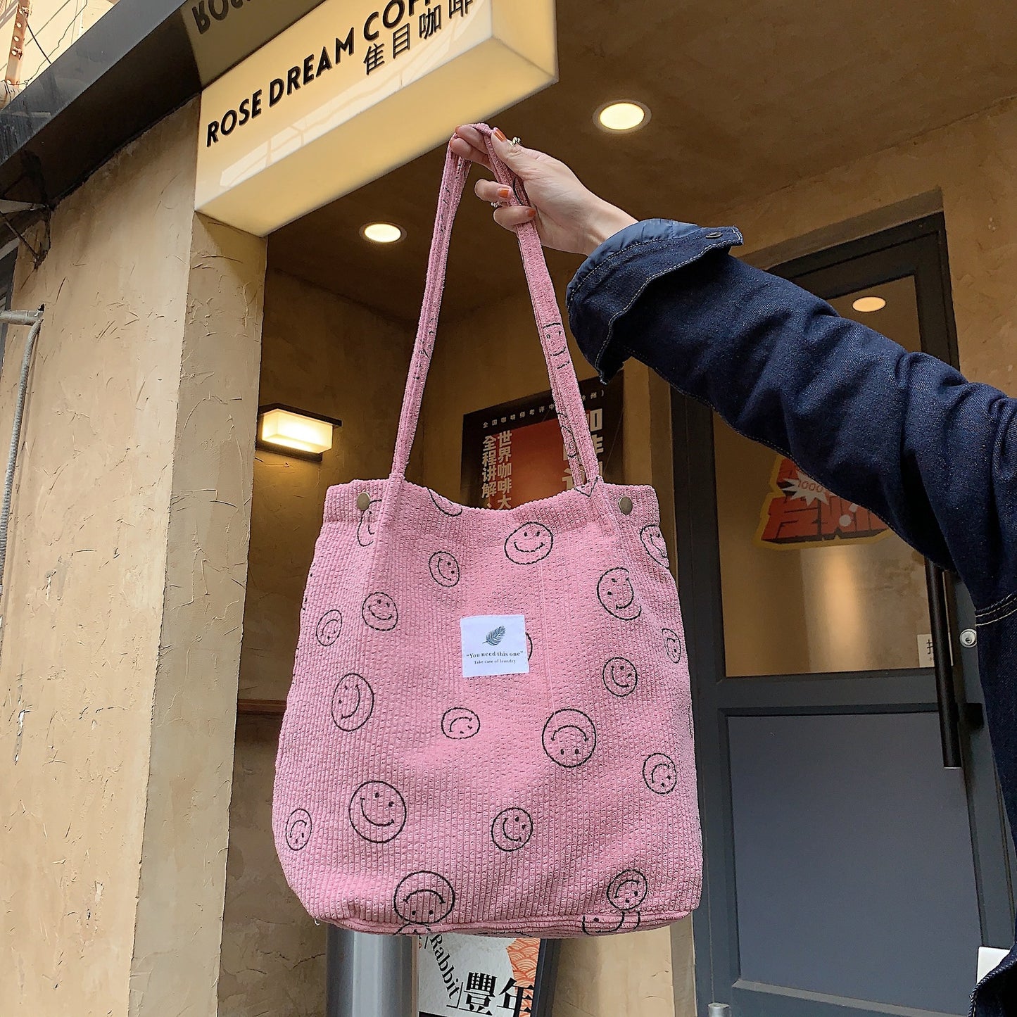 Retro Corduroy Smiley Face Female Class Canvas Tote Bags