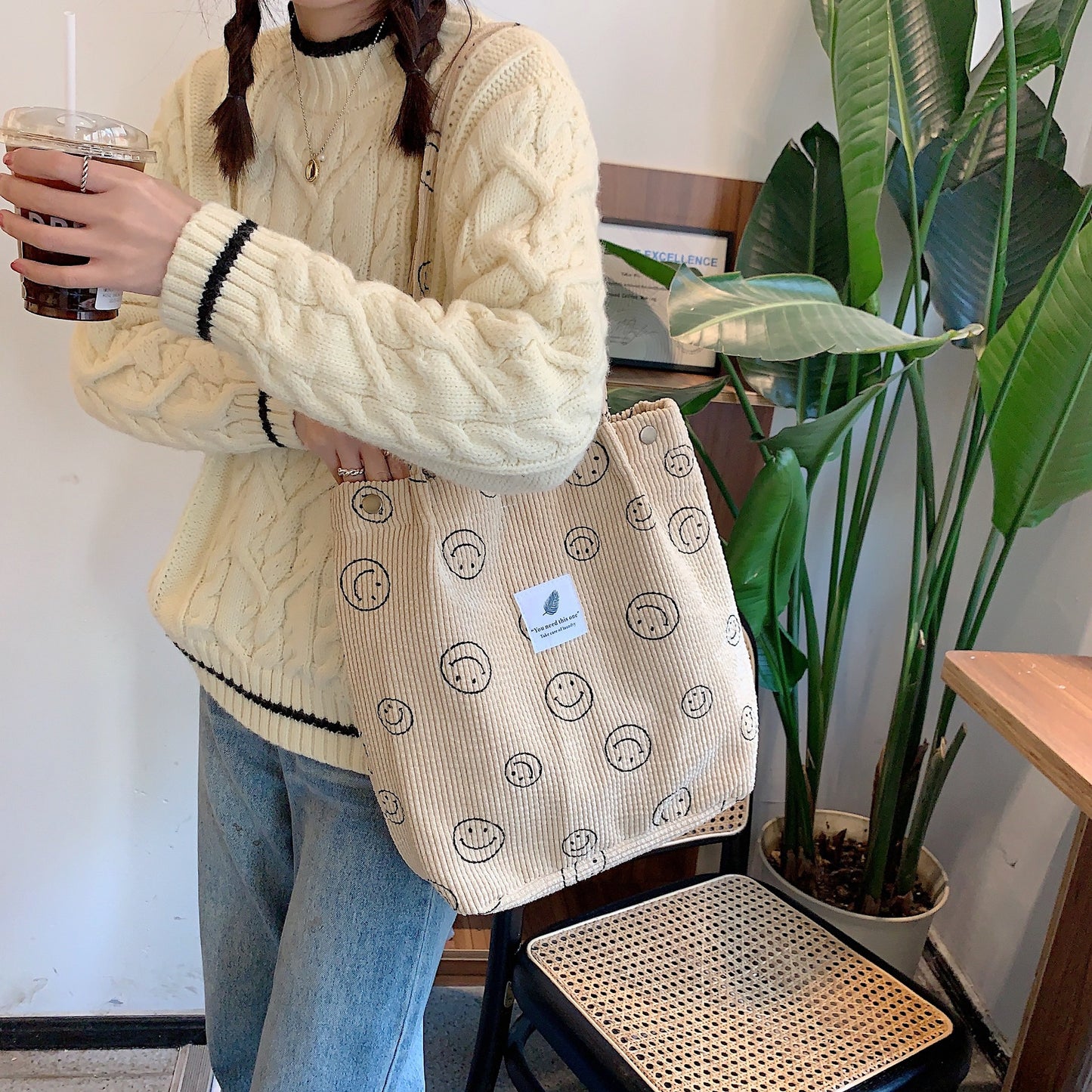 Retro Corduroy Smiley Face Female Class Canvas Tote Bags