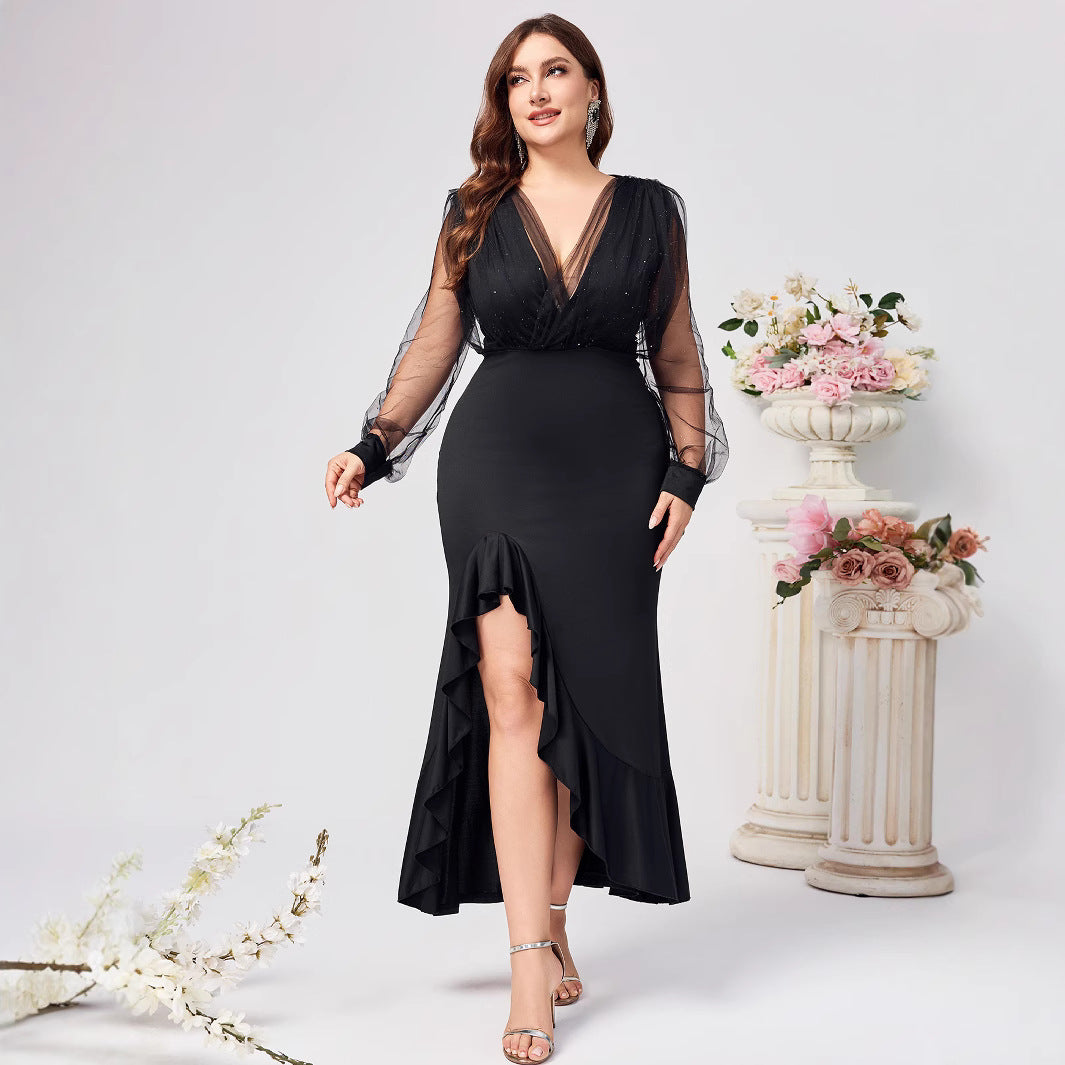 Women's Collar Net Yarn Sleeve Elegant Large Dresses