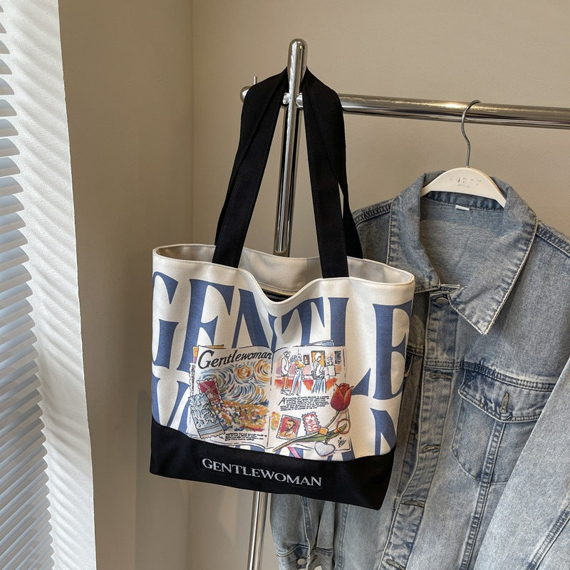 Women's Canvas Commuter Stitching Letter Large Capacity Shoulder Bags
