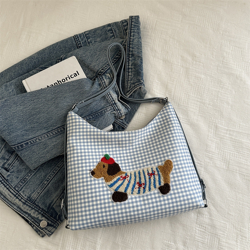 Women's High-grade Style Sausage Dog Fresh Plaid Tote Bags