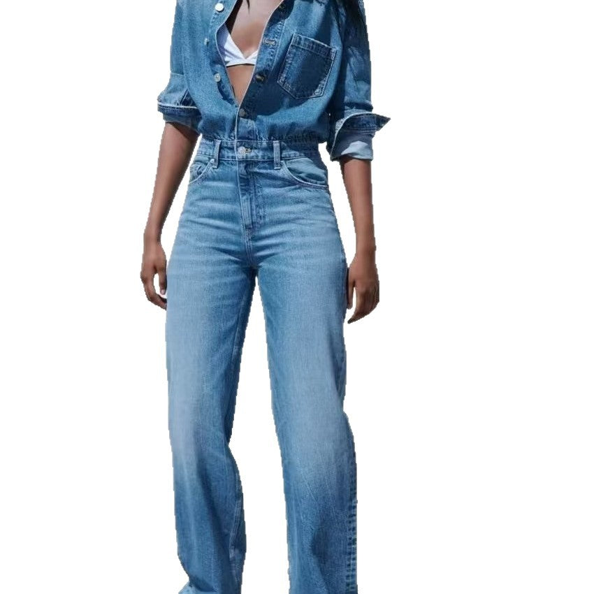 Women's Spring Lapel Fashion Casual Cowboy Siamese Jumpsuits