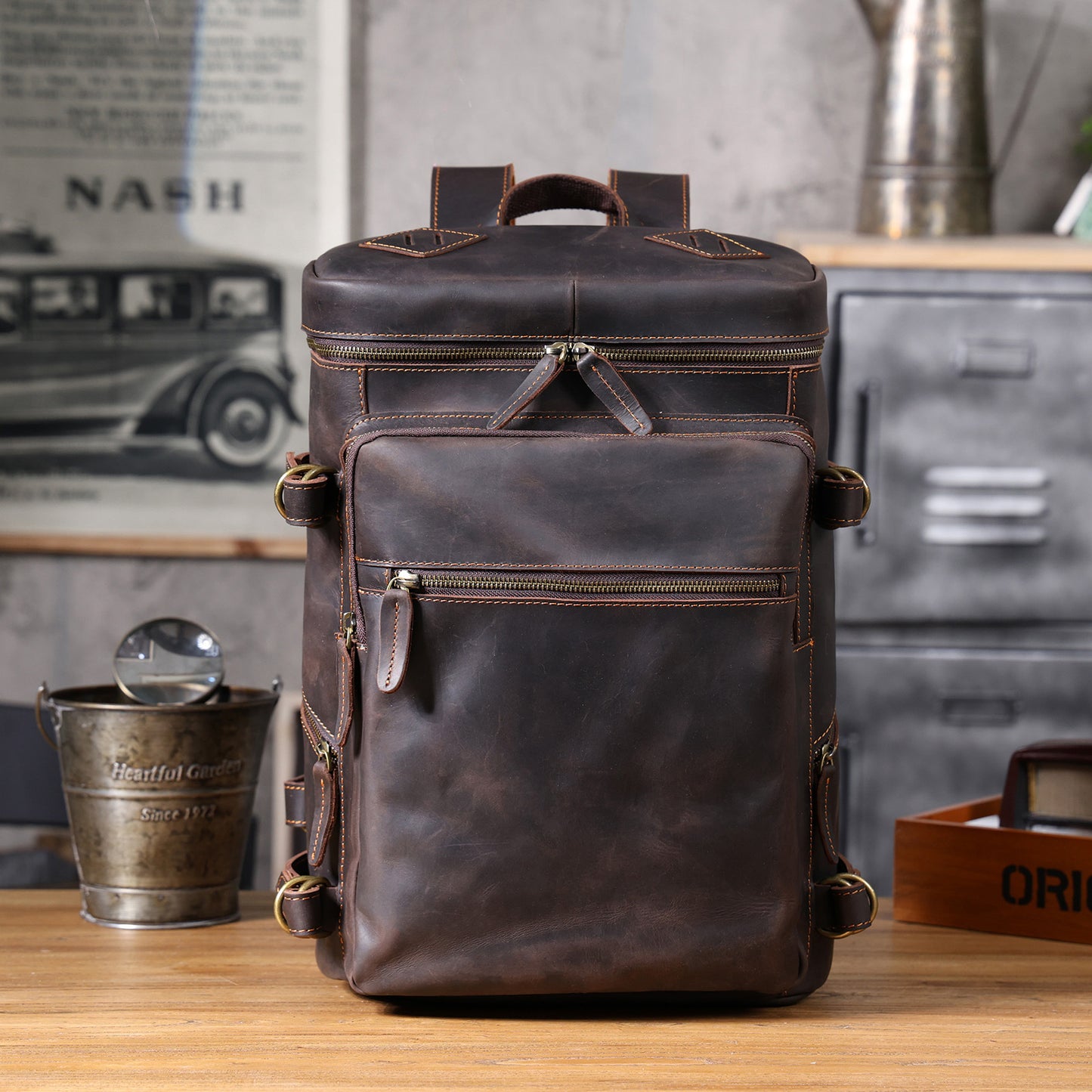 Men's Crazy Horse Leather Retro Large Capacity Backpacks