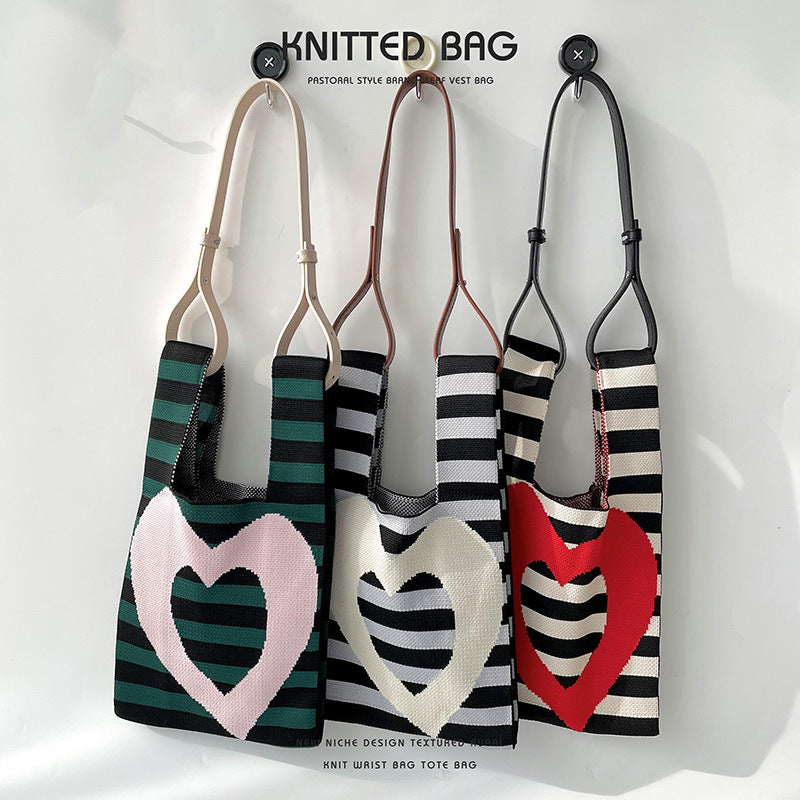 Design Striped Heart Knitted Versatile Large Shoulder Bags