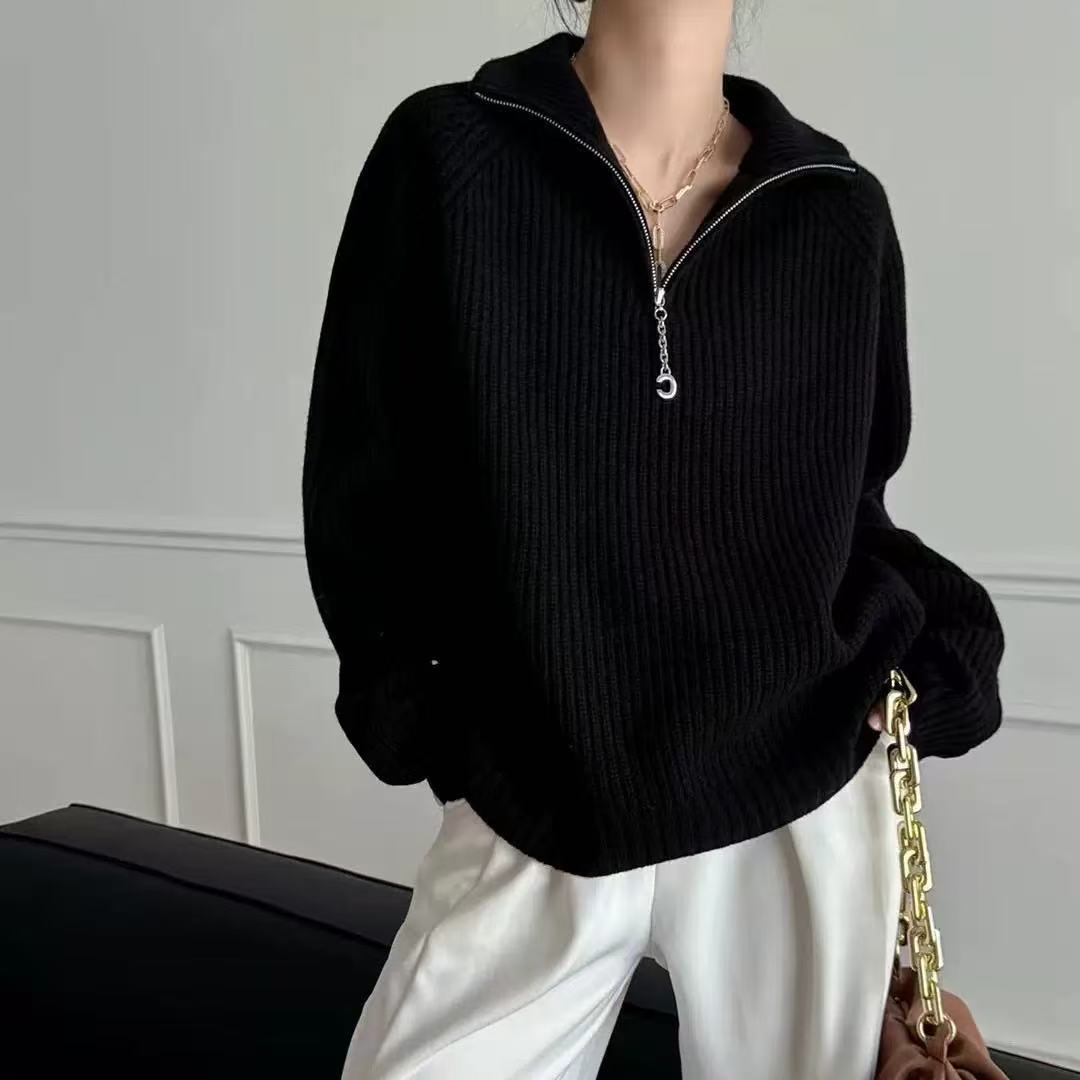 Women's Thick Fashion Design Lapel Zipper Solid Sweaters