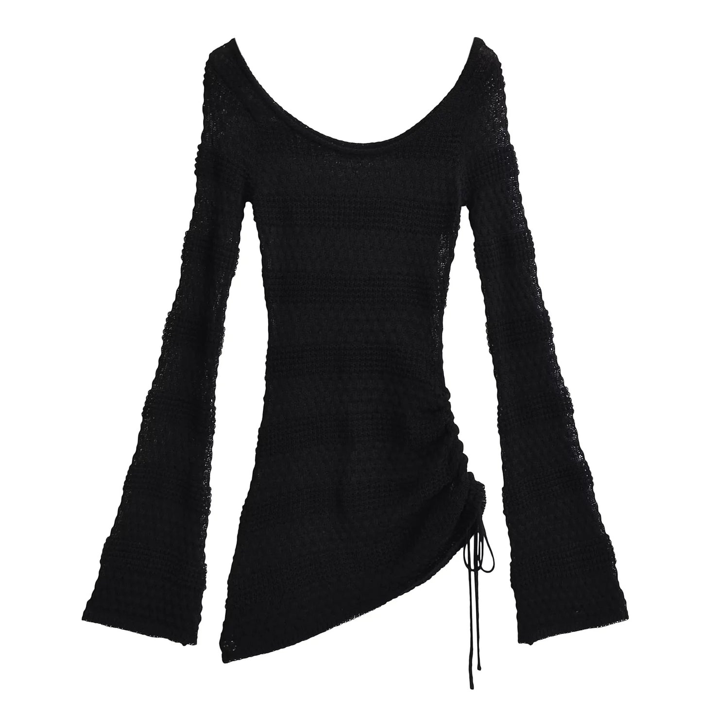 Idle Style Scoop Hollow Out Flare Sleeve Female Tops