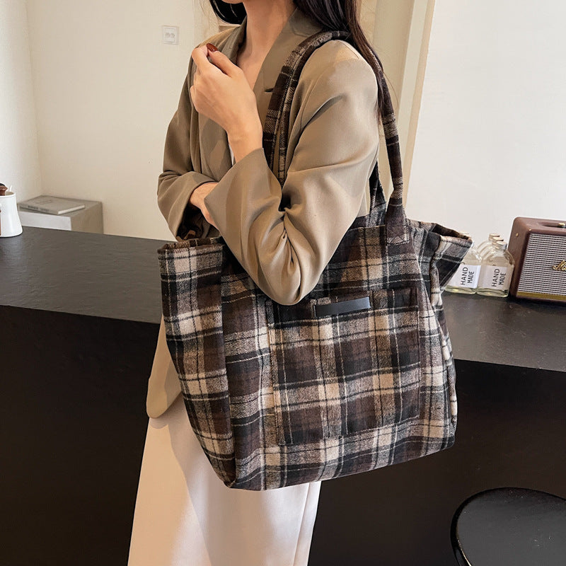Women's Check Large Capacity Totes Korean Retro Shoulder Bags