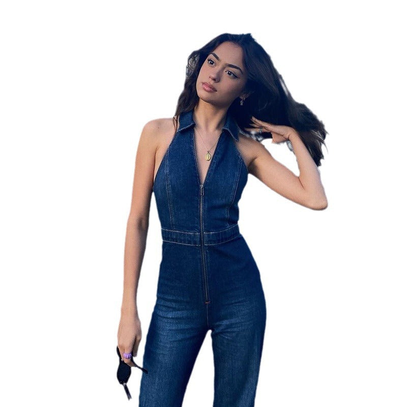 Women's Fit Slimming Street Retro Style High Jumpsuits