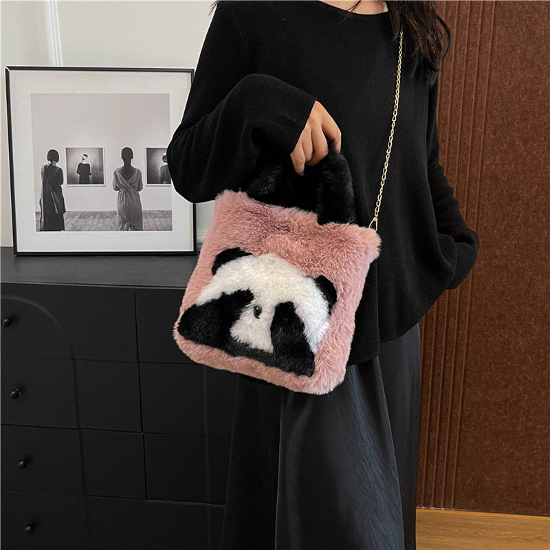 Panda Plush Cute Face Covering Large Crossbody Bags