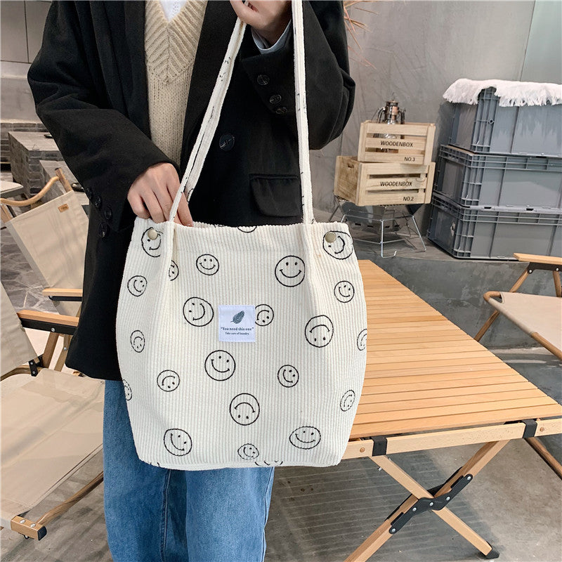 Retro Corduroy Smiley Face Female Class Canvas Tote Bags