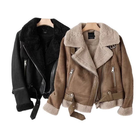 Women's Fashion Casual Thickening Motorcycle Suede Fur Coats
