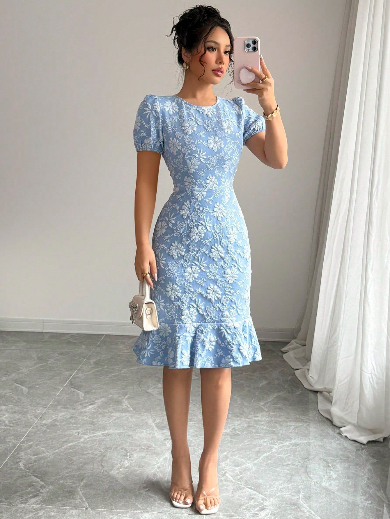 Women's Summer Bubble Sleeve Texture Jacquard Round Neck Retro Dress